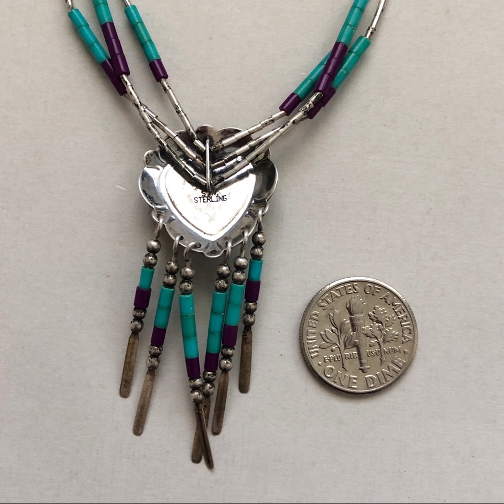 Southwestern Liquid Silver Inlay Turquoise Sugilite Sterling Heart Necklace - Picture 11 of 12